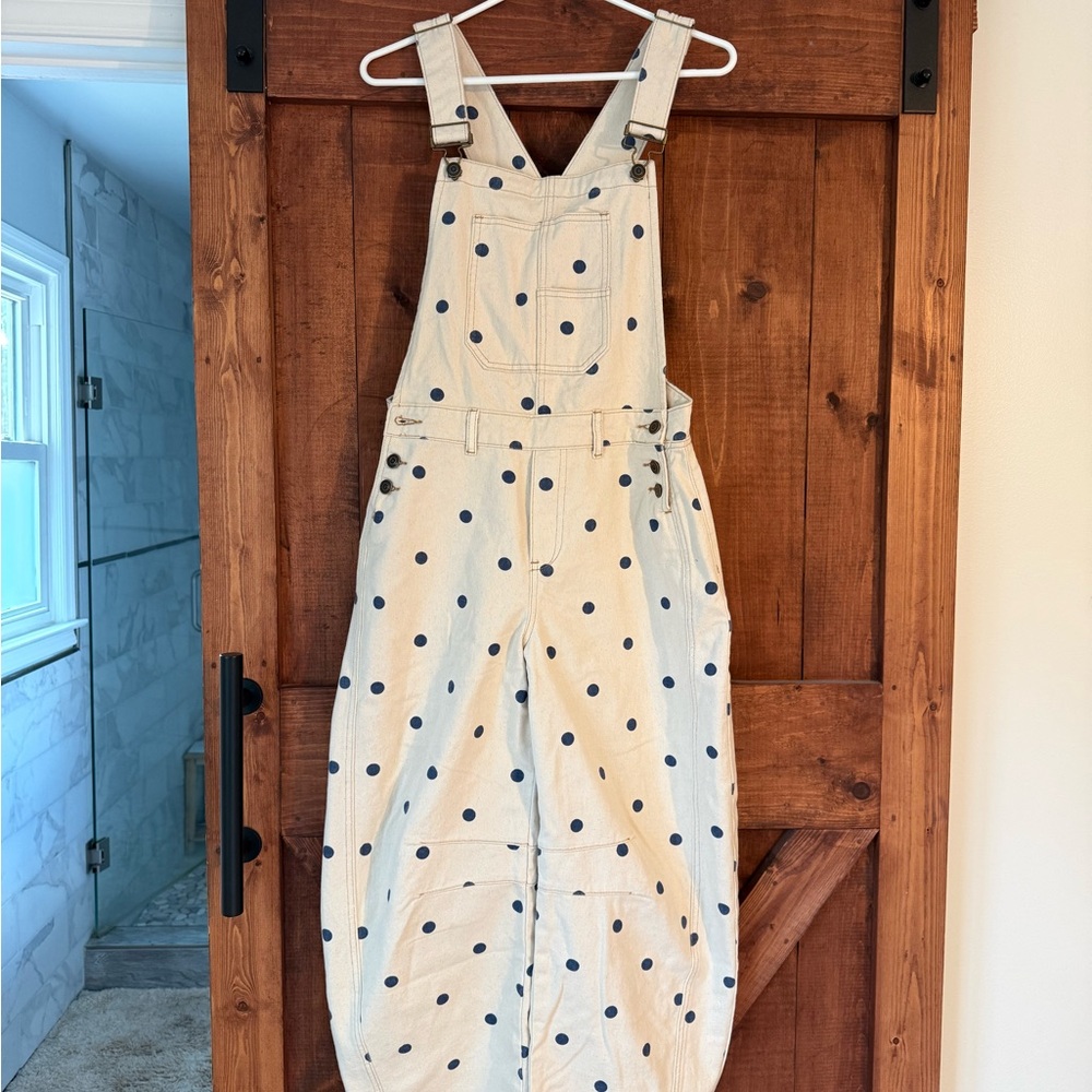 Peach Love California Cream and Blue Polka Dot Jumpsuit